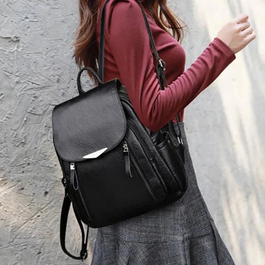 Mochilas España - Mochila de Cuero Suave con Bolsillo con Solapa
